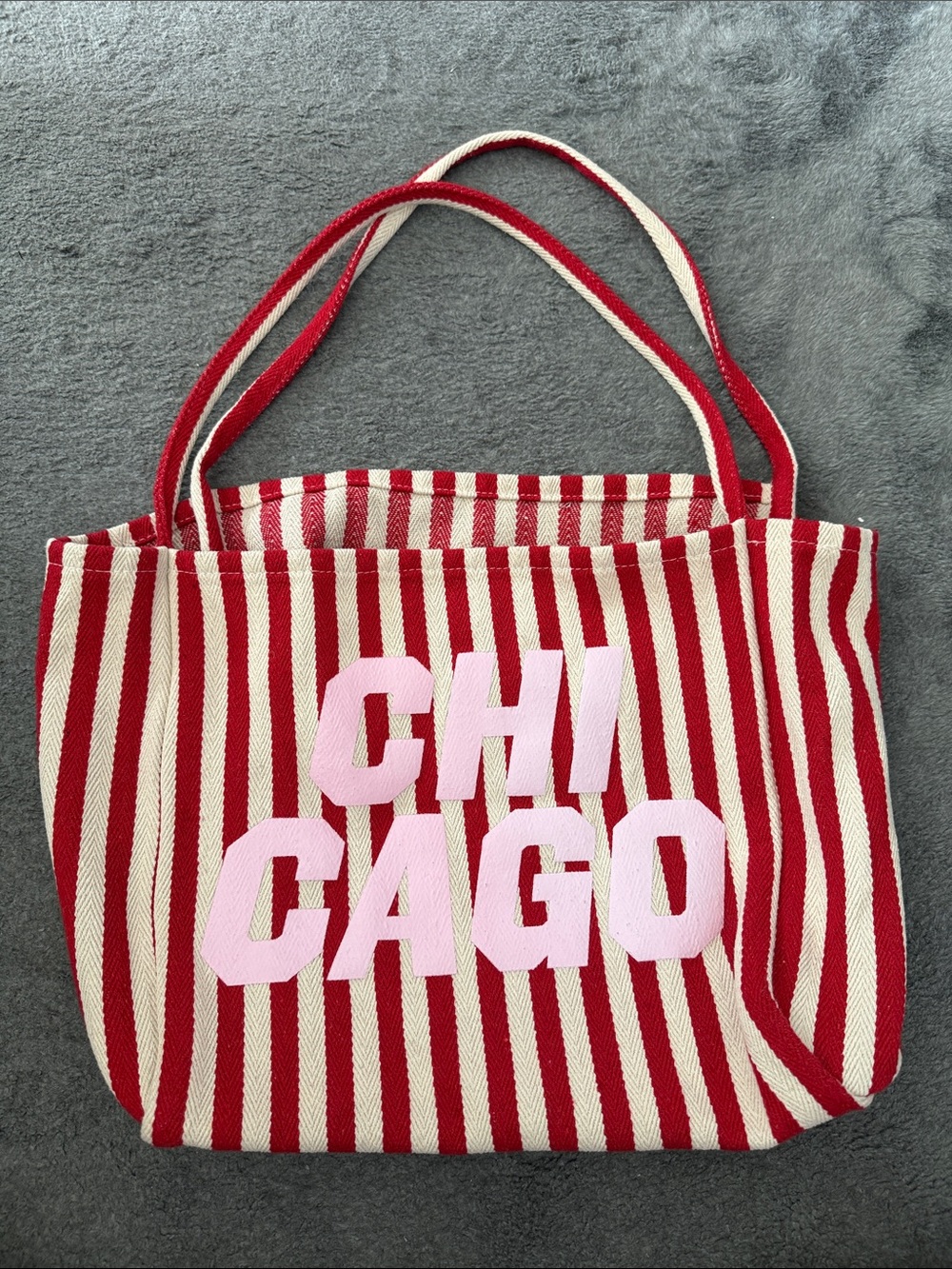 Red & Cream Striped Tote with Pink CHICAGO Lettering